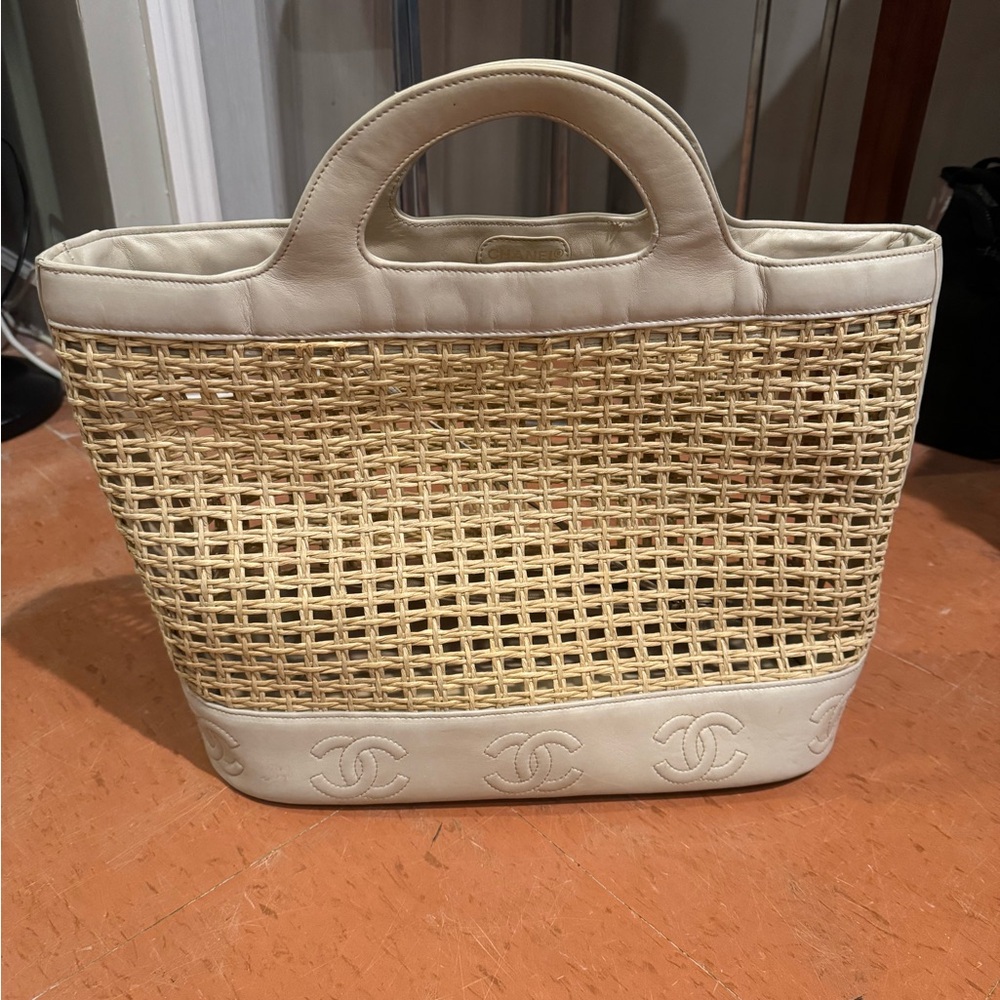 Chanel Cream and Tan Woven Tote Bag